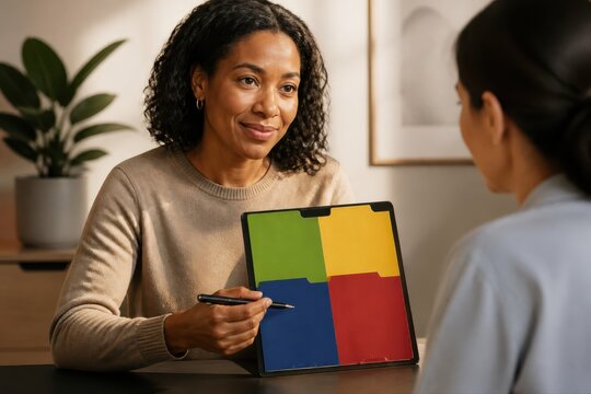 Business coaching conversation with tablet in modern office and colorful presentation screen