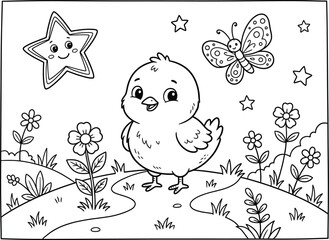 Fototapeta premium Cute cartoon chick with butterfly in floral meadow scene