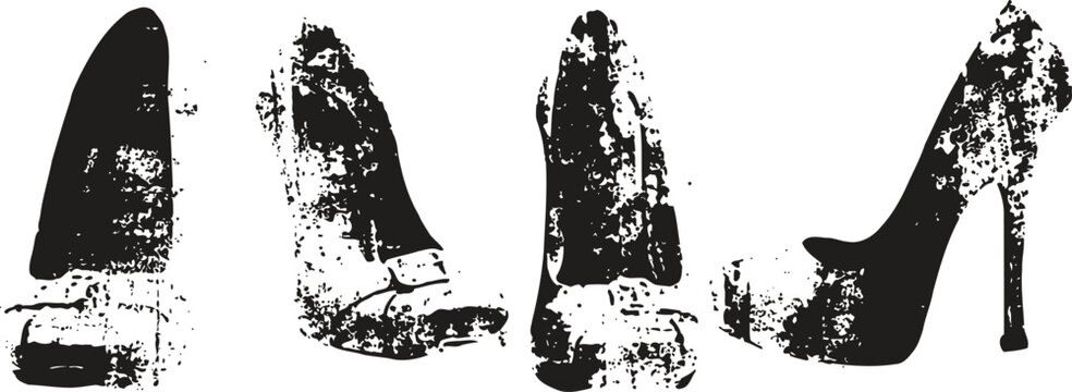 Vintage high heel shoes illustration set in black and white grunge isolated on white background