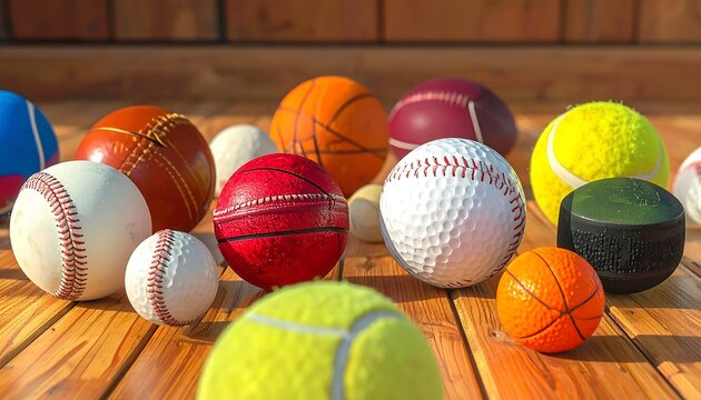 Colorful Assorted Sports Balls Arranged on Sunlit Wooden Gym Floor