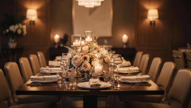 Warm private dining room with elegant table setup for a corporate celebration main focus on centerpiece softly blurred background ambiance.