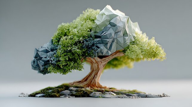Tree icon rendered in polygonal shapes, fusion of green and blue, perfect for eco branding images