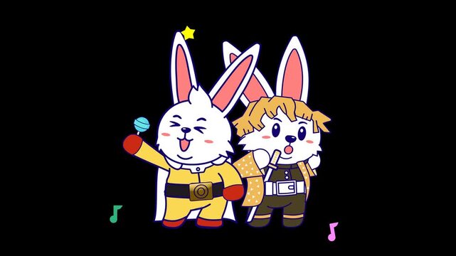 Two Rabbits Dancing in Cosplay with Transparent Background