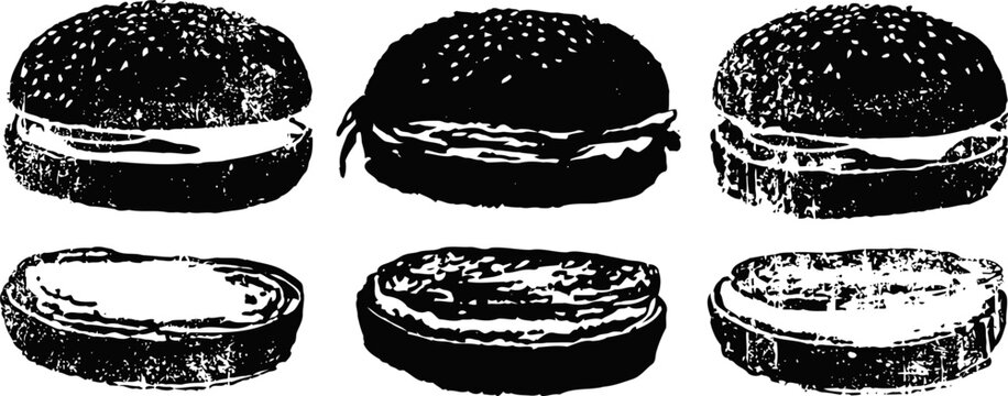 Black hamburger buns with sesame seeds isolated on white background food bread ingredients, sandwich components set