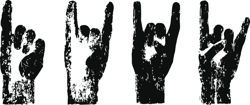 Grunge black hand gestures showing rock and roll sign set with rough texture
