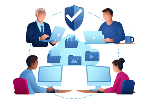 Secure Cloud Collaboration Illustration, Team File Sharing, Cloud Storage, Remote Collaboration, Cloud Workspace and Data Security Concept