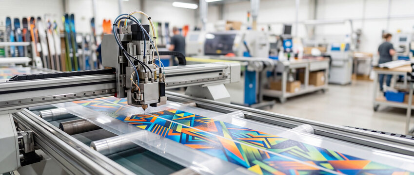 Industrial large-format printer producing colorful geometric graphics in a modern print workshop factory