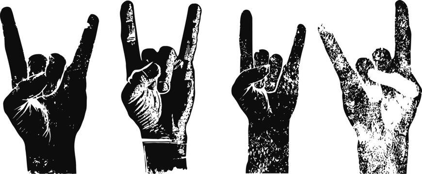 rock and roll hand gesture set four black and white grunge hand signs expressing rock music culture