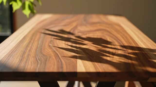 Wooden table with plant shadows on surface indoors