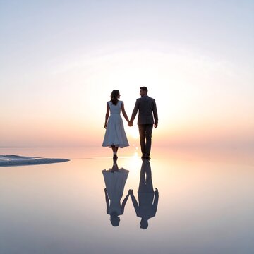 Serene Couple Holding Hands Walking on Reflective Beach at Sunset