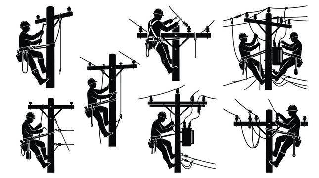 Utility worker icon set featuring lineworkers on poles with safety gear for industrial design, branding, and creative infrastructure projects