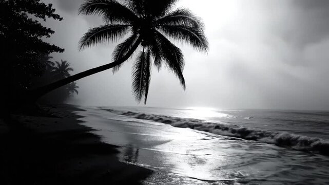 Black and white shot of a tranquil beach with palm trees, waves gently lapping the shore under a hazy sky