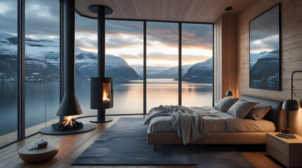 Fototapeta premium Modern Nordic bedroom with fireplace and panoramic fjord view