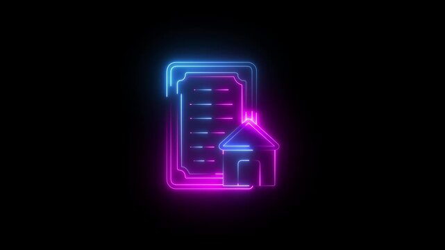 A outline style animated icon showing signed home document ,Neon line home icon. Neon line Cool linear animated home icon. House icon glowing neon light..