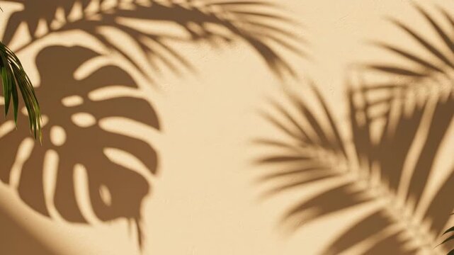 Tropical leaves cast shadows on a beige wall background with palm and monstera silhouettes.