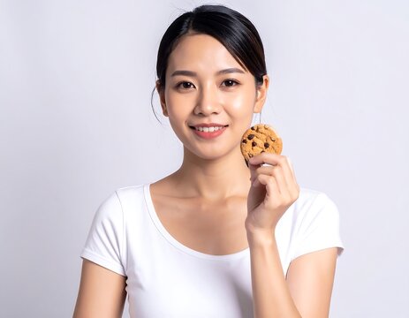 Woman holding a cookie.