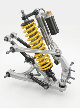 modern car suspension system with yellow spring and shock absorber isolated on white background. automotive spare part for vehicle repair. auto service, mechanical engineering, garage workshop.