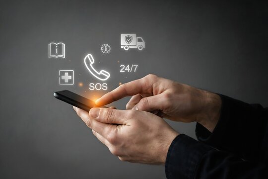 Hand holding smartphone with emergency sos 24 7 assistance and logistics icons displayed