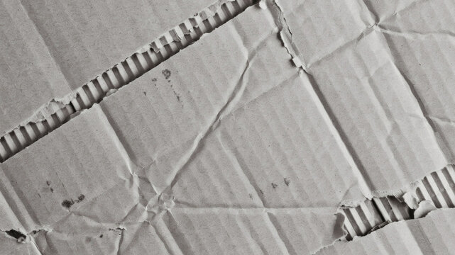 Corrugated cardboard texture with torn edges, recycled brown paper background, damaged shipping box material with creases and folds