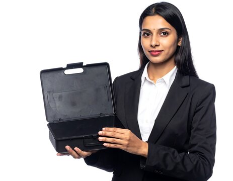 Woman holding empty case.
