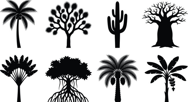 Exotic Tropical Trees and Desert Plants Solid Black Silhouette Vector Bundle Featuring Palm Cactus Baobab and Banana Shapes Isolated on White Background