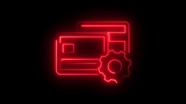 Credit or debit card icons, with gear, animated in neon light ,Glowing neon credit card icon animation on black background representing digital banking..