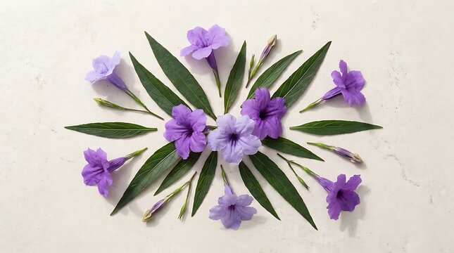 A top down view of dwarf mexican petunia flowers arranged with lush green leaves in a circular pattern isolated on a textured light beige surface background