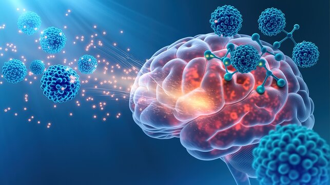Realistic medical 3D render showing brain inflammation, swelling and damaged nerve tissue inside human cerebrum, viral and bacterial encephalitis pathology cross-section diagram, neurology scientific 