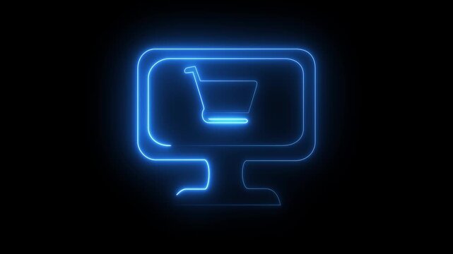 Animated shopping cart monitor phone icon in neon light. Glowing neon online shopping cart on computer display animation.4k video.