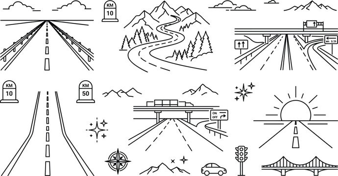 Highway Road and Mountain Landscape Icon Set with Overpass Bridge and Horizon