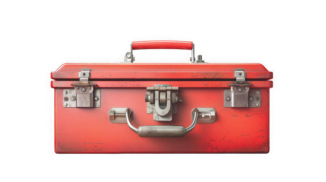 Vintage red metal toolbox with weathered texture and metallic latches centered for professional workspace organization on transparent background with facing composition transparent