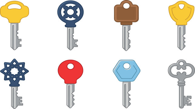 House key collection featuring modern vintage decorative and security keys in flat style for locksmith and access vector illustration