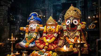 Obraz premium Ornate idols of jagannath, balabhadra, and subhadra decorated with flowers and generated using ai