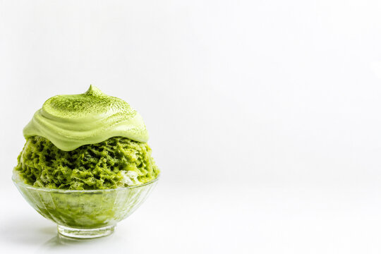 Matcha Espuma Shaved Ice on White Background with Copy Space