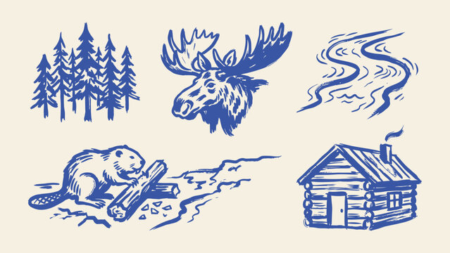Rustic wilderness vector illustration set featuring moose head, beaver chewing log, pine forest, river, and log cabin in hand-drawn linocut style