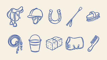 Equestrian equipment and horse care icons vector set featuring saddle helmet horseshoe crop brush reins bucket hay bale blanket and comb © Sahabat