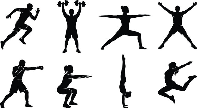 Fitness and Sports Activities Solid Black Silhouette Vector Bundle Featuring Running Weightlifting Yoga Gymnastics and Boxing Poses Isolated on White Background