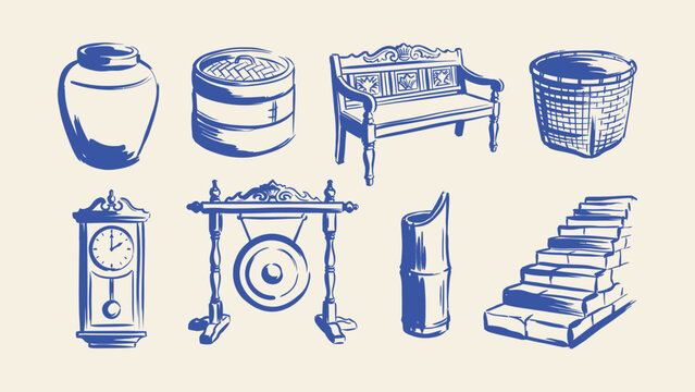 Blue hand drawn sketch illustrations of traditional Asian household objects including gong bench basket jar clock and stairs