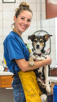 Woman holding small dog.