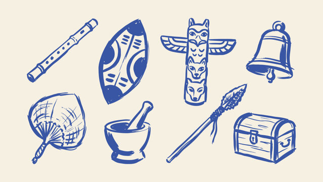 Hand drawn tribal and historical artifacts vector illustration set including totem pole shield spear flute chest bell fan and mortar
