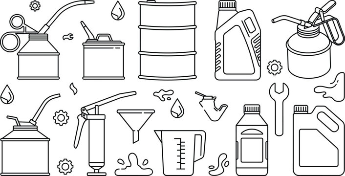 Industrial lubricant and engine oil line art icons with oil cans grease gun barrel funnel and plastic jug vector sketches
