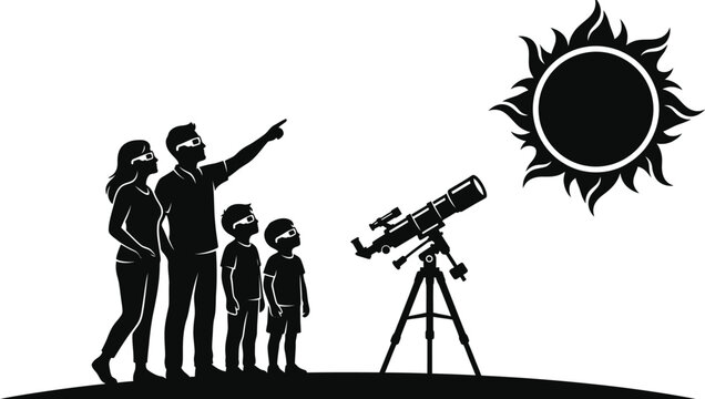 Silhouette family with kids wearing 3D glasses looking through telescope at sun with solar eclipse on white background for astronomy