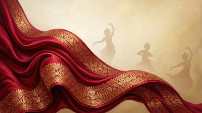Red silk fabric with gold embroidered border and silhouettes of traditional generated using ai