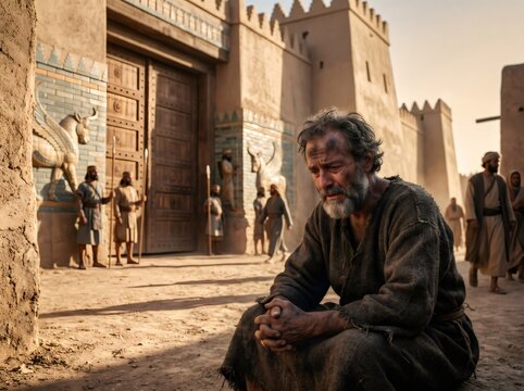 Mordecai mourning in sackcloth and ashes outside city gate