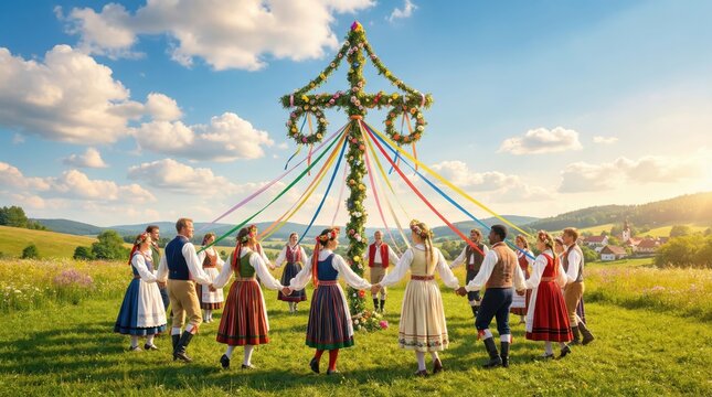 caucasian people in traditional scandinavian clothing dancing around decorated maypole in green field. midsummer celebration, folk dance. summer holiday festival. travel, banner, website header.