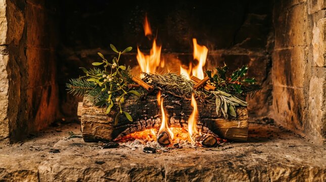 burning yule log decorated with evergreen branches, holly and cinnamon sticks in rustic stone fireplace. cozy winter holiday celebration and traditional christmas decoration. banner, website header.