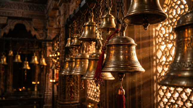 Row of hanging brass bells inside an ancient indian temple with warm light and generated using ai