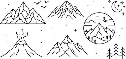 Fototapeta premium Mountain peak and volcano line art icons with wilderness landscape forest emblem and night sky vector sketches