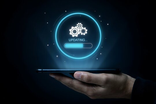 Hand holding a smartphone with a digital system update loading progress bar and gear icons
