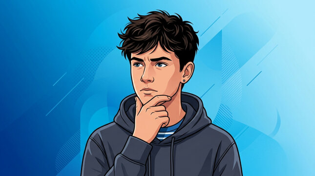 Young man thinking hand on chin looking up thoughtfully illustration for concept of doubt or decision making